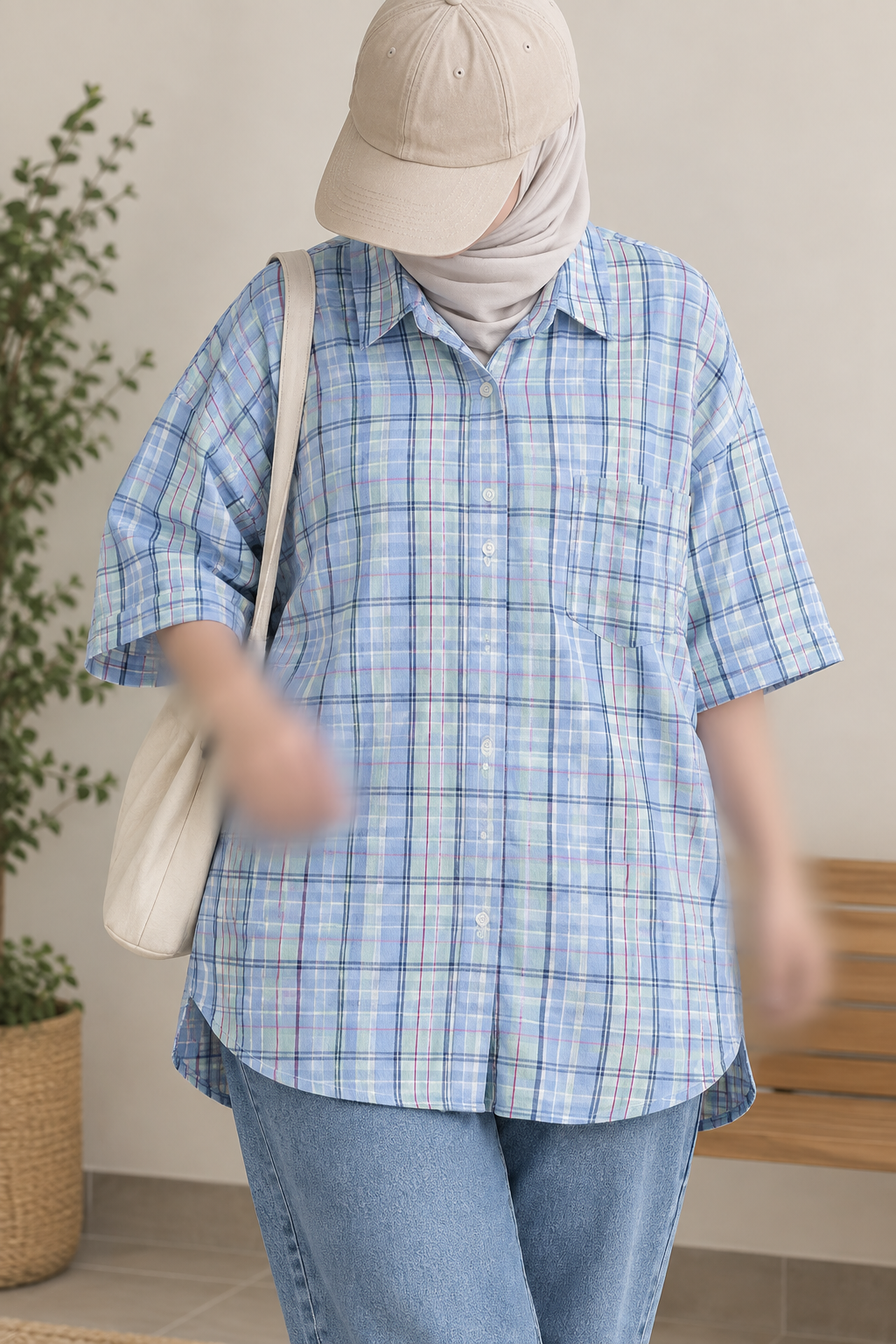 شومیز حراجی زنانه نخی آستین کوتاه وارداتی قواره آزاد طرح ۴خونه سبز آبی ملایم