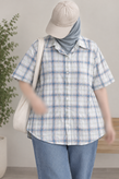 شومیز حراجی زنانه نخی آستین کوتاه وارداتی قواره آزاد طرح ۴خونه رنگی ملایم