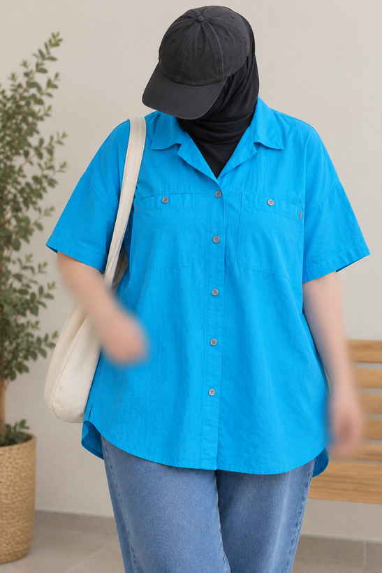 شومیز حراجی زنانه نخی آستین کوتاه وارداتی قواره آزاد رنگ آبی شاد